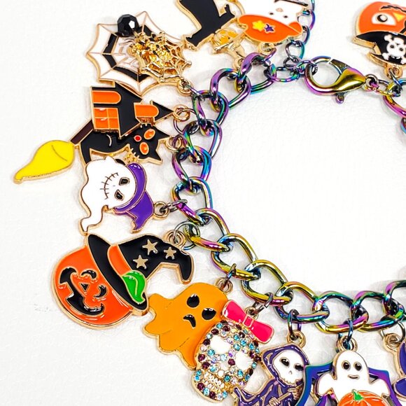 Halloween Charm Bracelet, Pumpkins, Ghost, Spider Webs, Cat - Picture 4 of 9